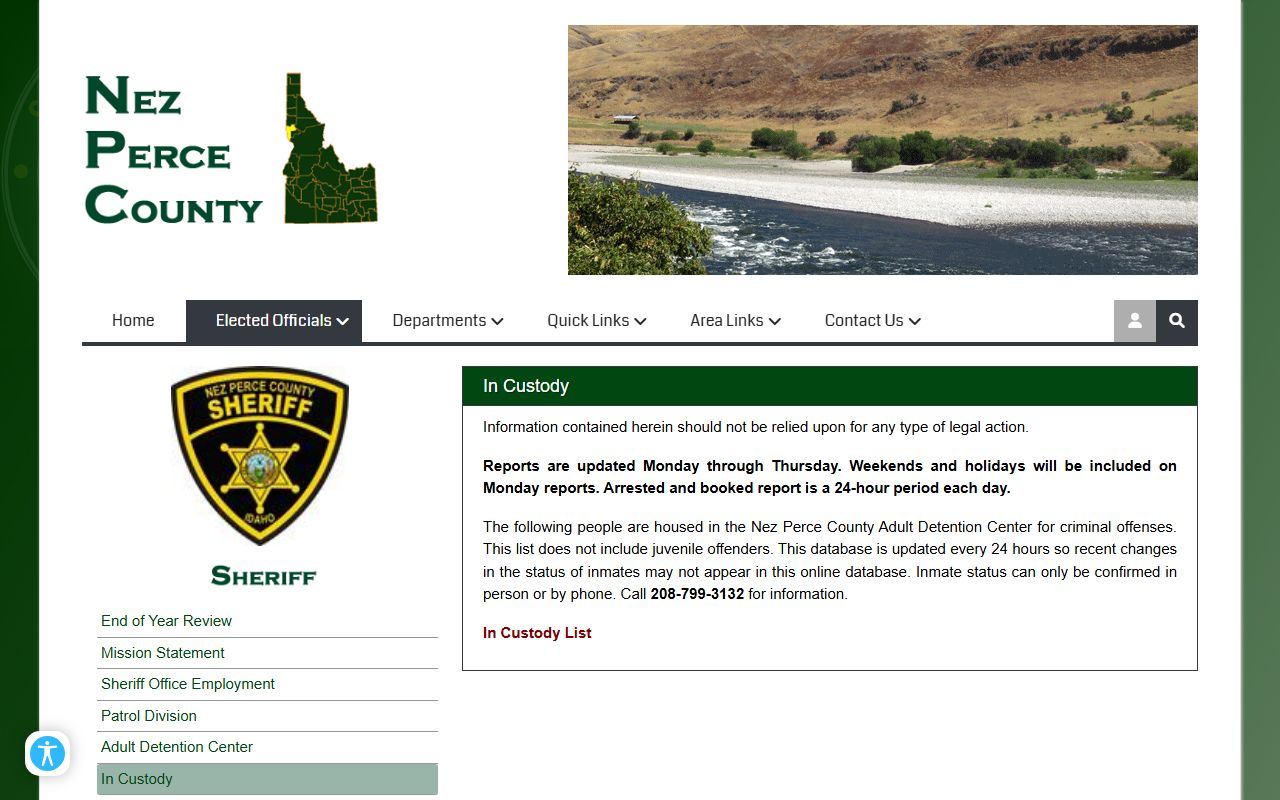 Nez Perce County inmate population in-custody page and PDF roster link