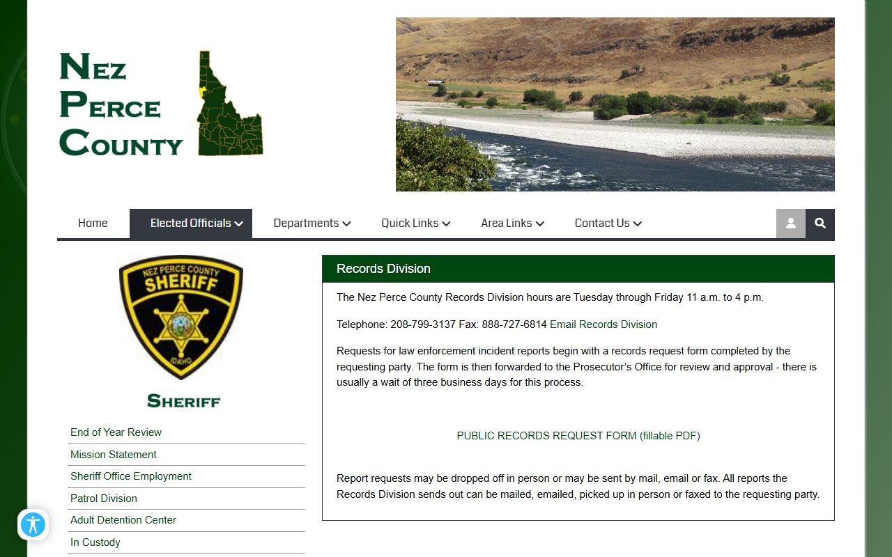 Nez Perce County inmate records request process through the Sheriff's Records Division